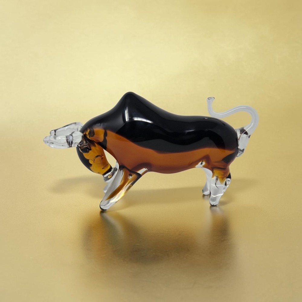 Murano Style Art Glass Bull Figurine Sculpture Amber Black Charging L8in H4.75in